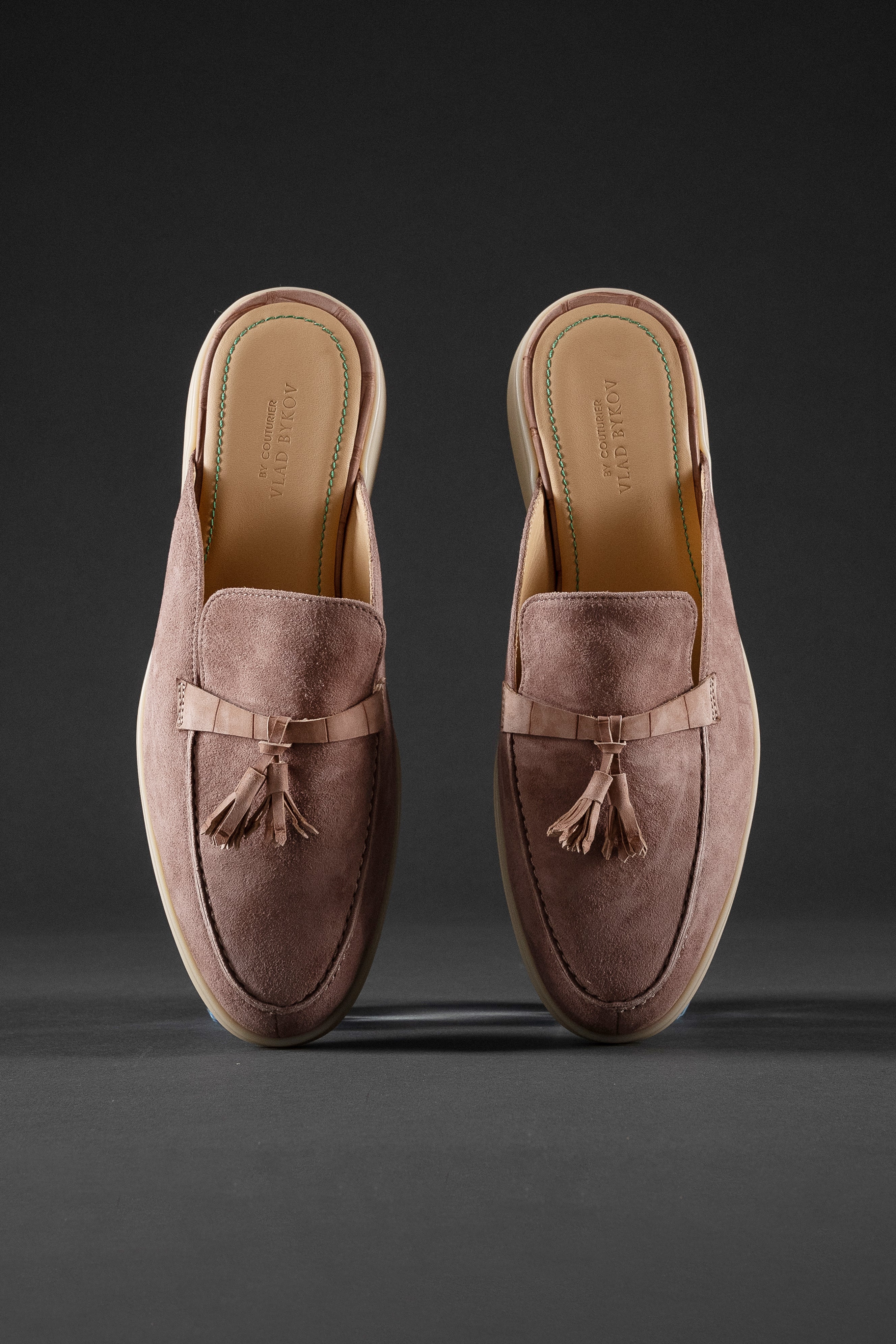 Mules in Soft Italian Suede with Nubuck Crocodile Tassels