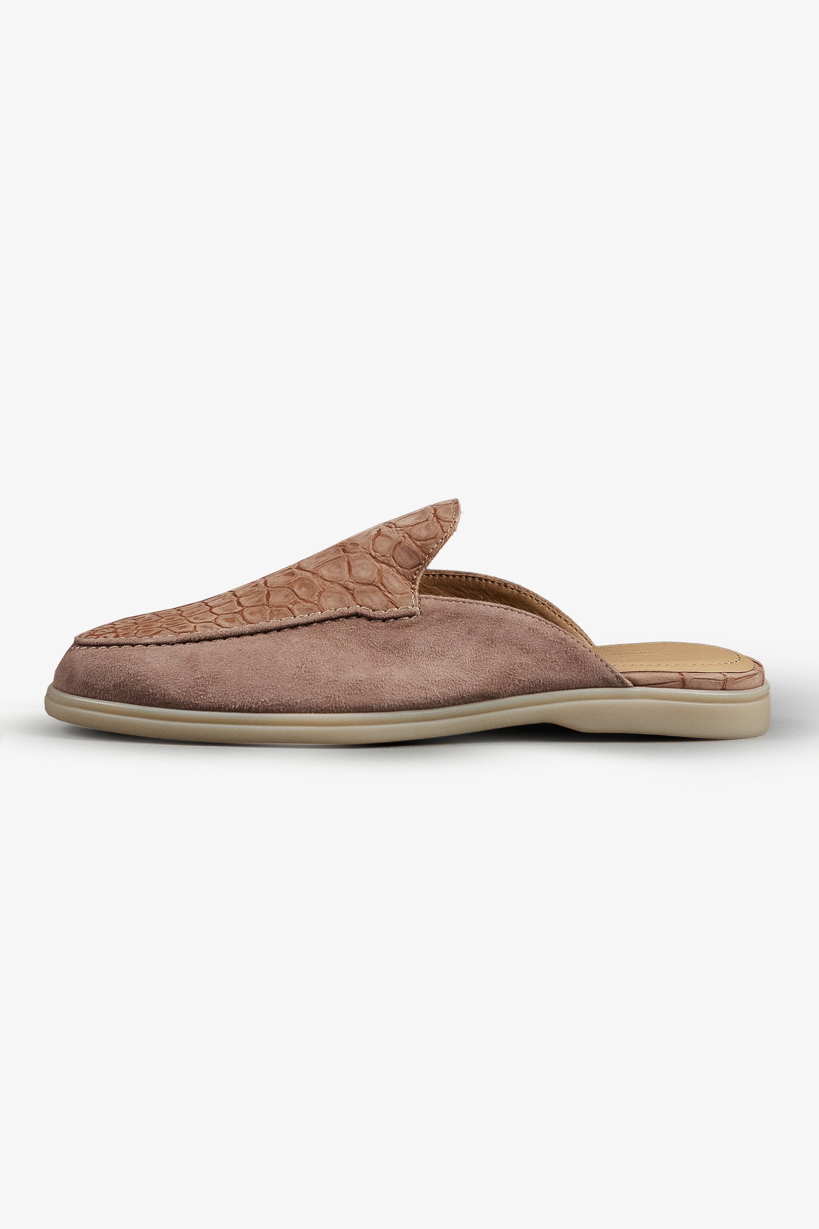 Crocodile & Suede Mules — Cappuccino