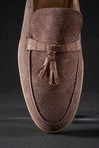 Mules in Soft Italian Suede with Nubuck Crocodile Tassels